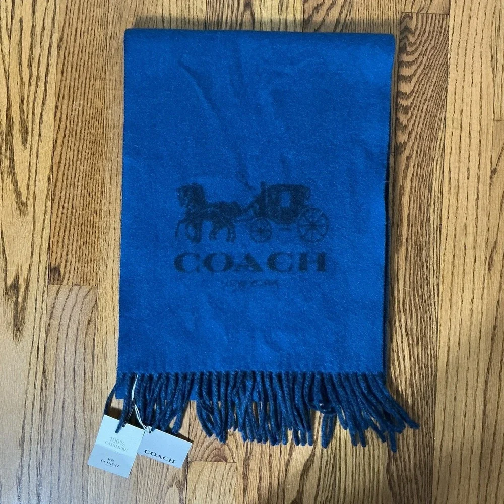 NWT COACH Women's 100% Cashmere Bicolor Logo Navy Blue Scarf 231751JAX